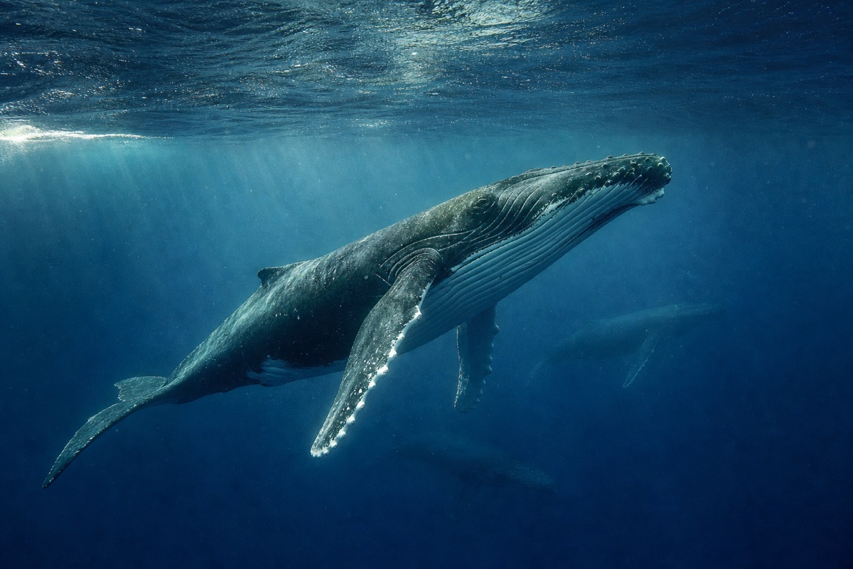A humpback whale swimming beneath the North Pacific surface with other whales in the distance.