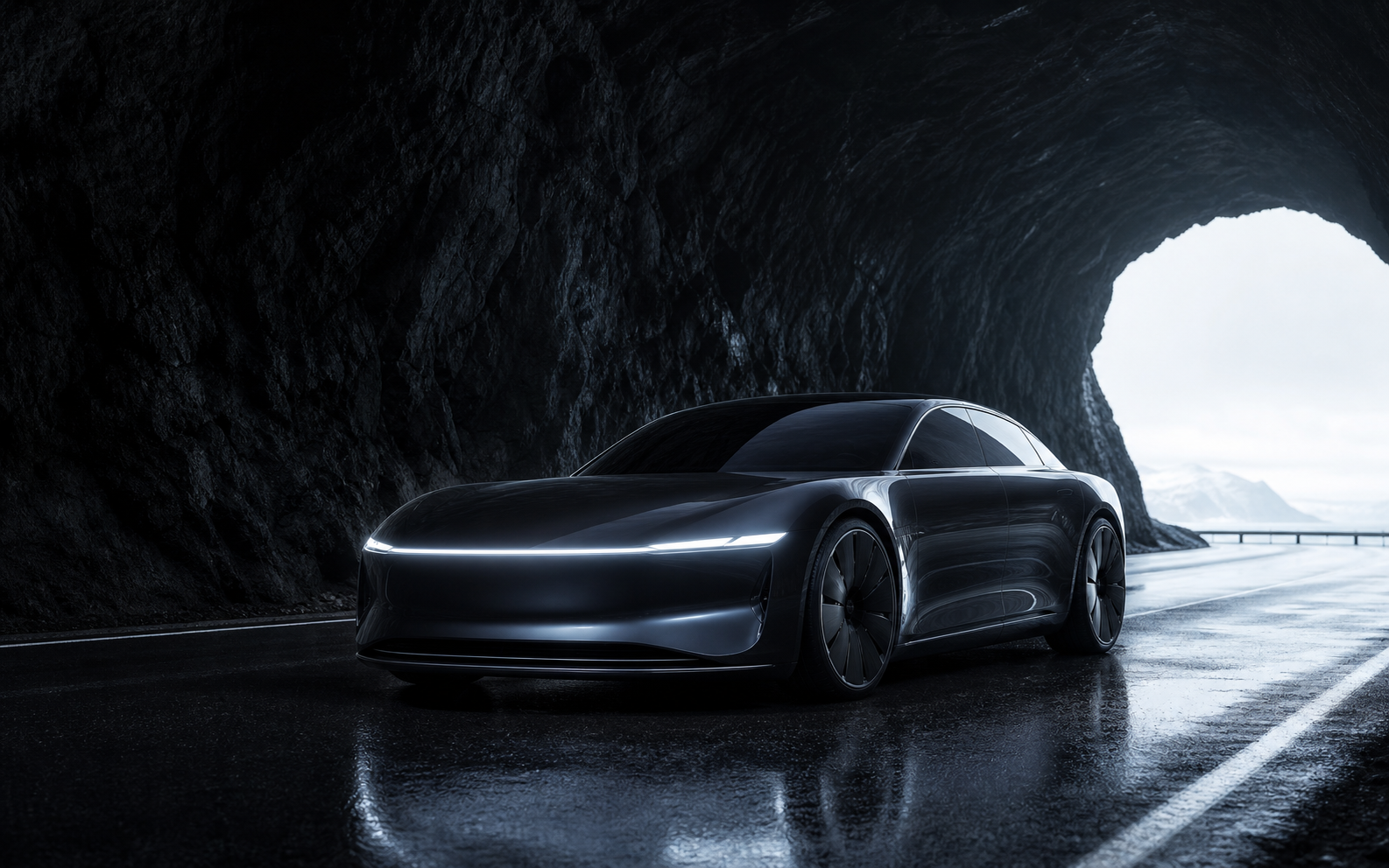 AAVA 01 electric grand tourer emerging from a Nordic rock tunnel