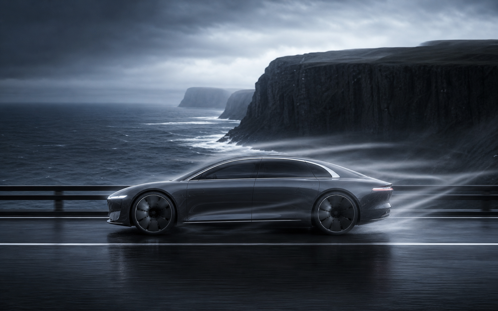 AAVA 01 in profile on a Nordic coastal road