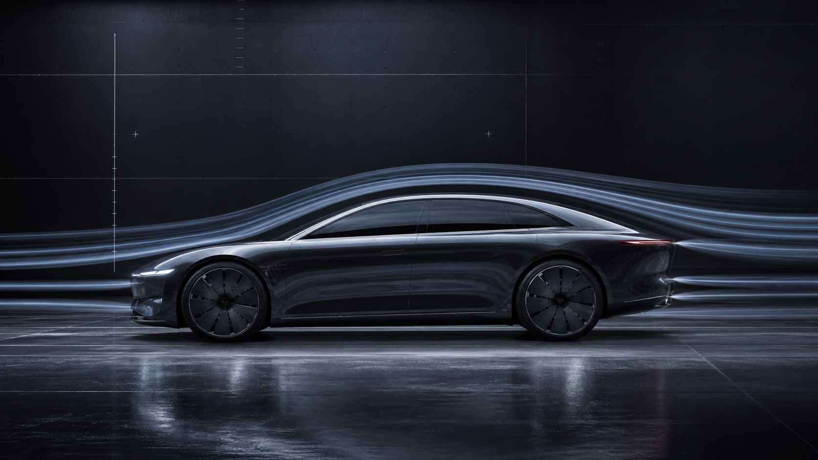 AAVA 01 in a dark wind tunnel with airflow tracing its silhouette