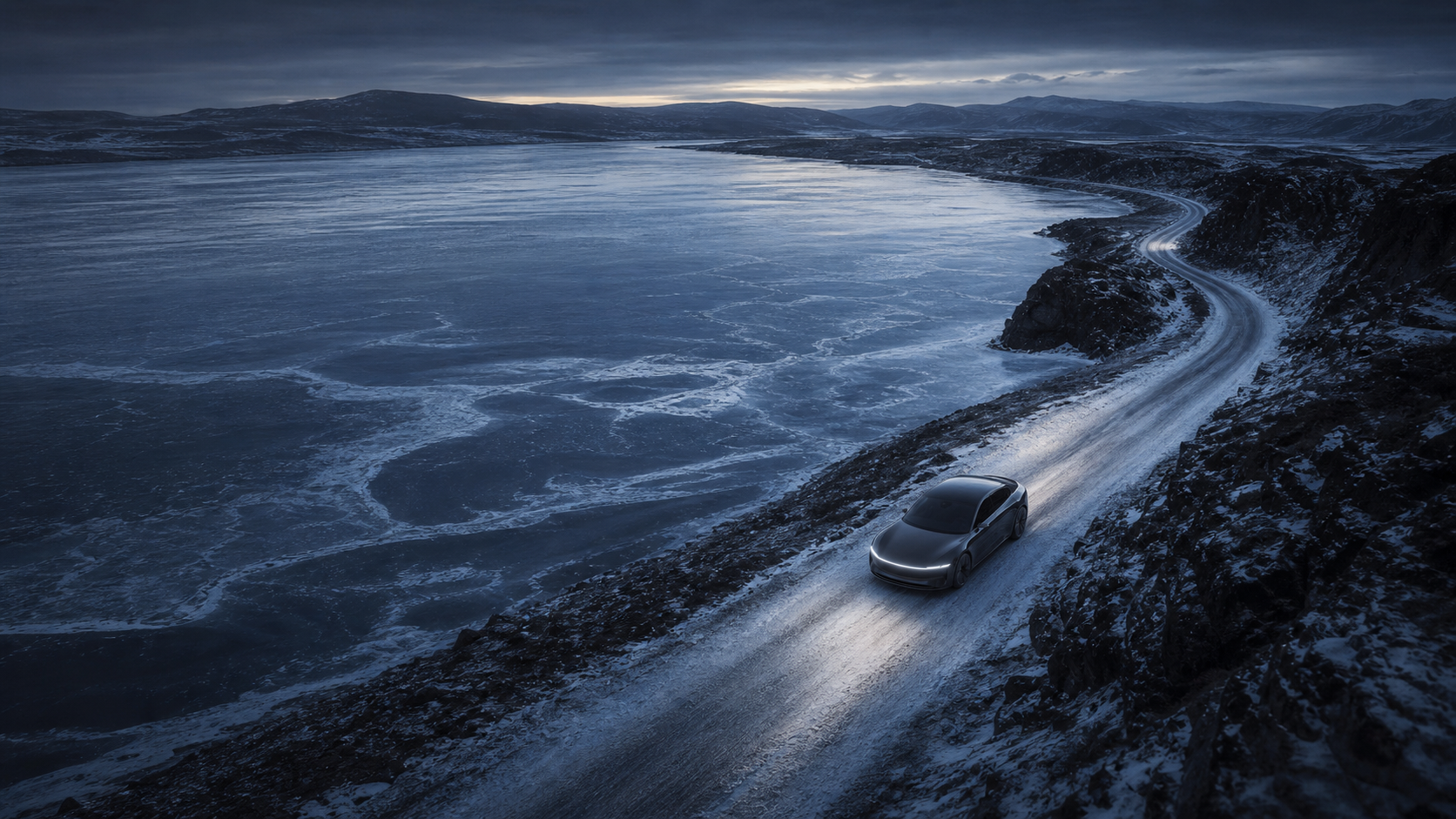 AAVA 01 travelling beside a frozen Nordic lake at blue hour