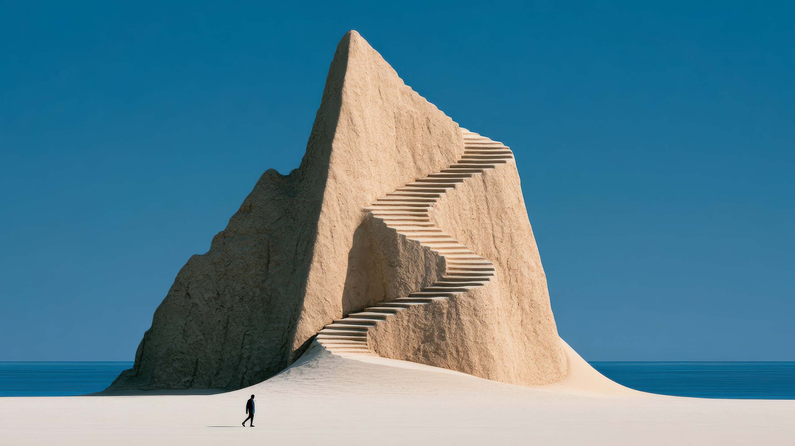 A lone traveller approaching an immense staircase carved into a desert mountain