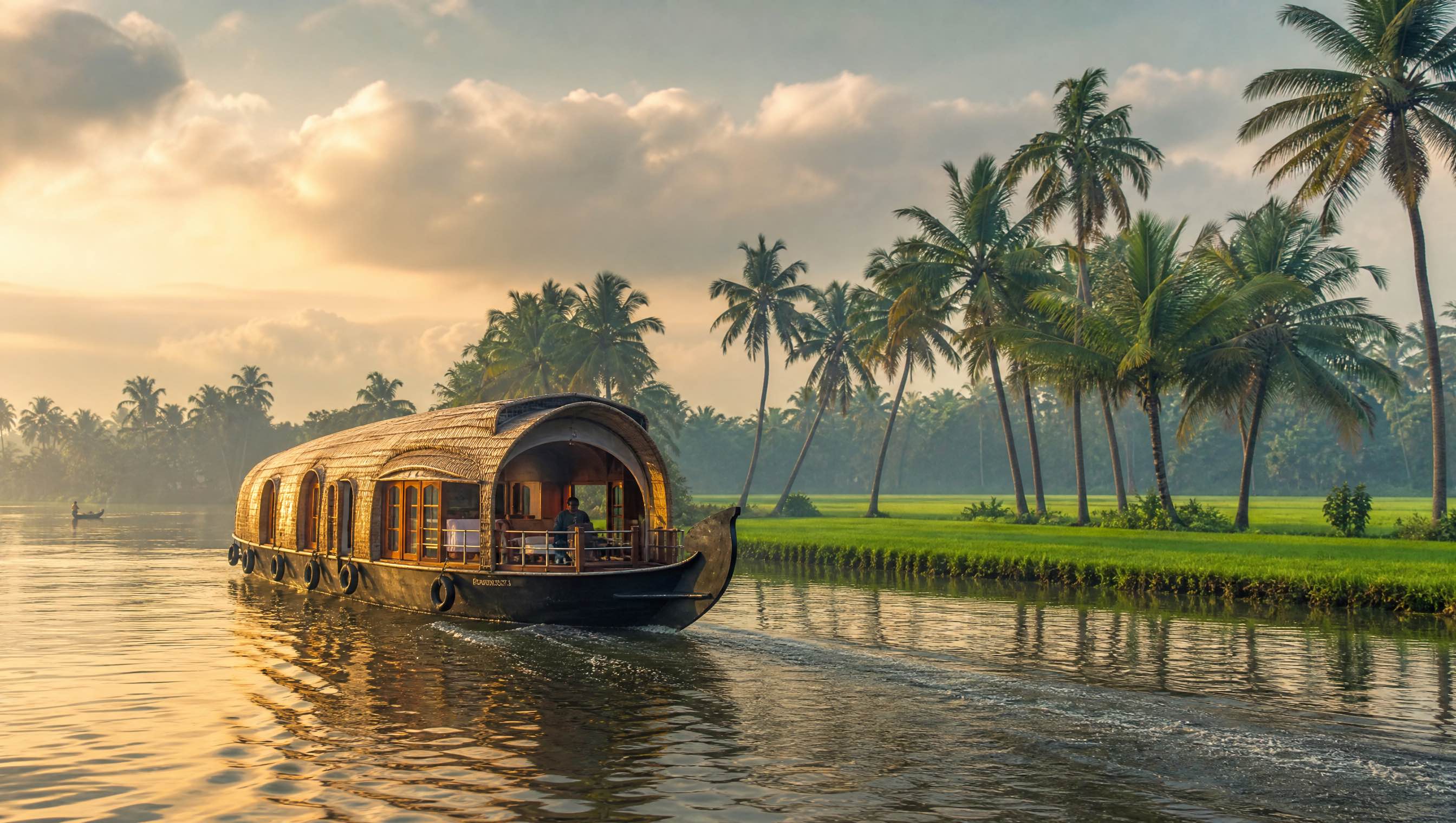 Traditional houseboat among palms in the Kerala Backwaters