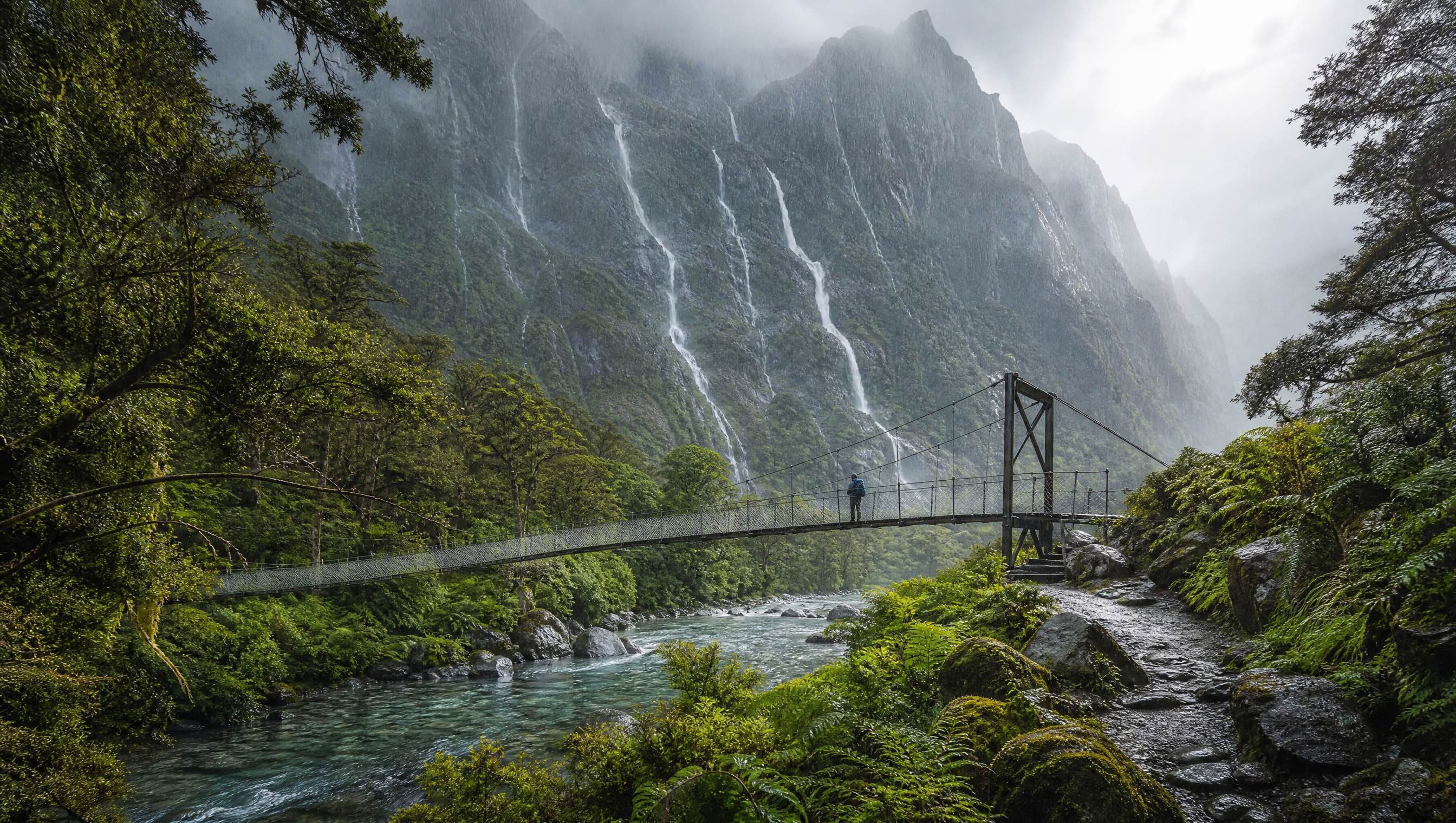 Milford Track suspension bridge in Fiordland rainforest