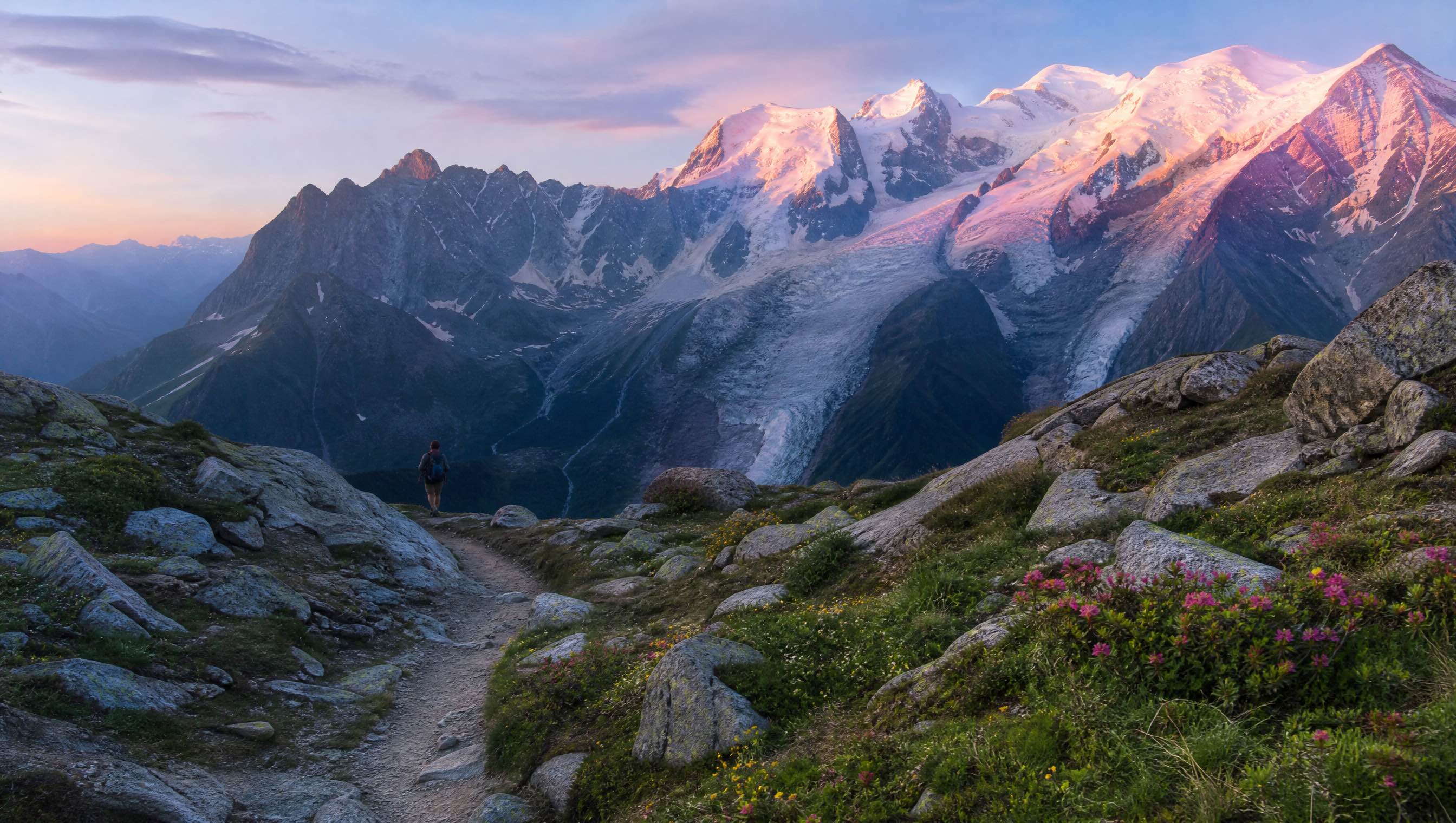 Tour du Mont Blanc path beneath the snowy massif