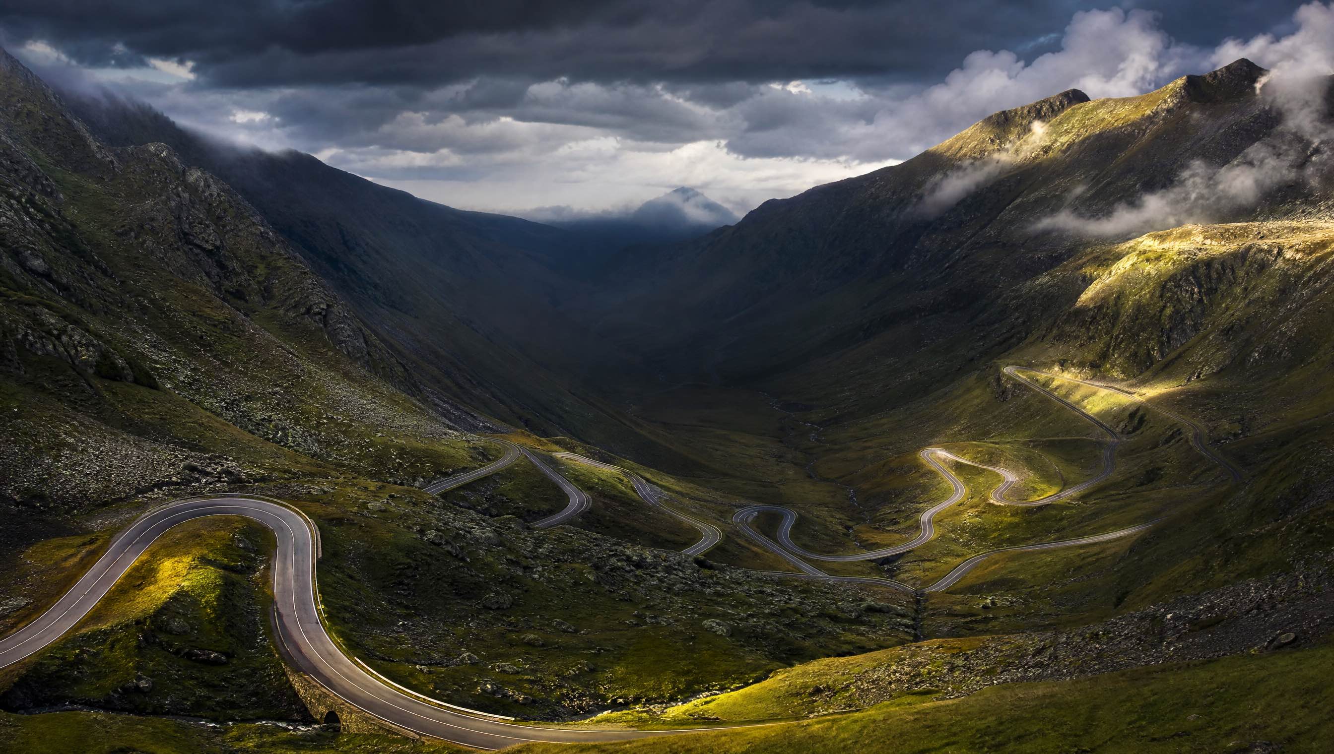 The Transfăgărășan Highway switchbacking through Romania’s Făgăraș Mountains