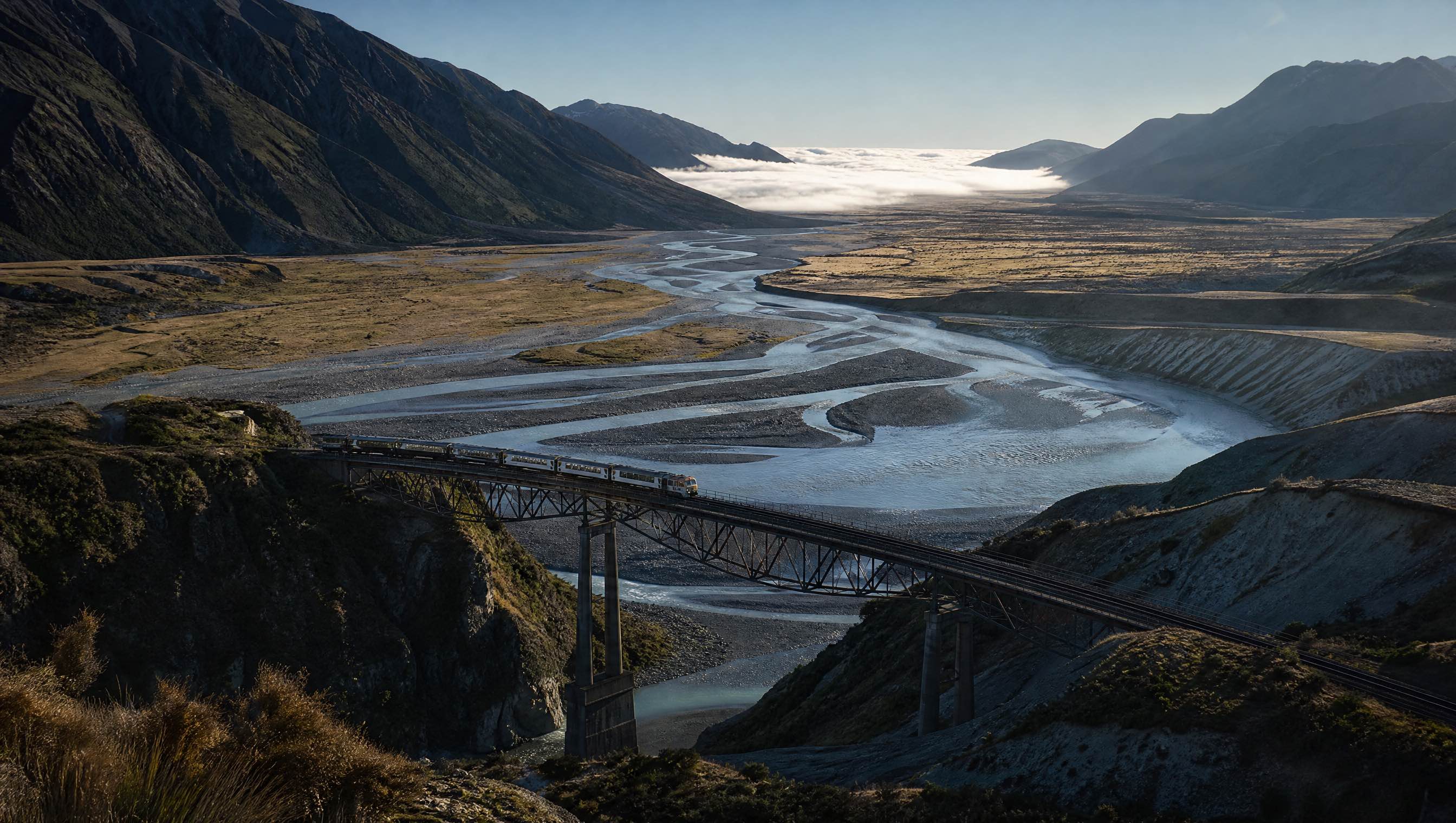 TranzAlpine train crossing New Zealand’s Southern Alps