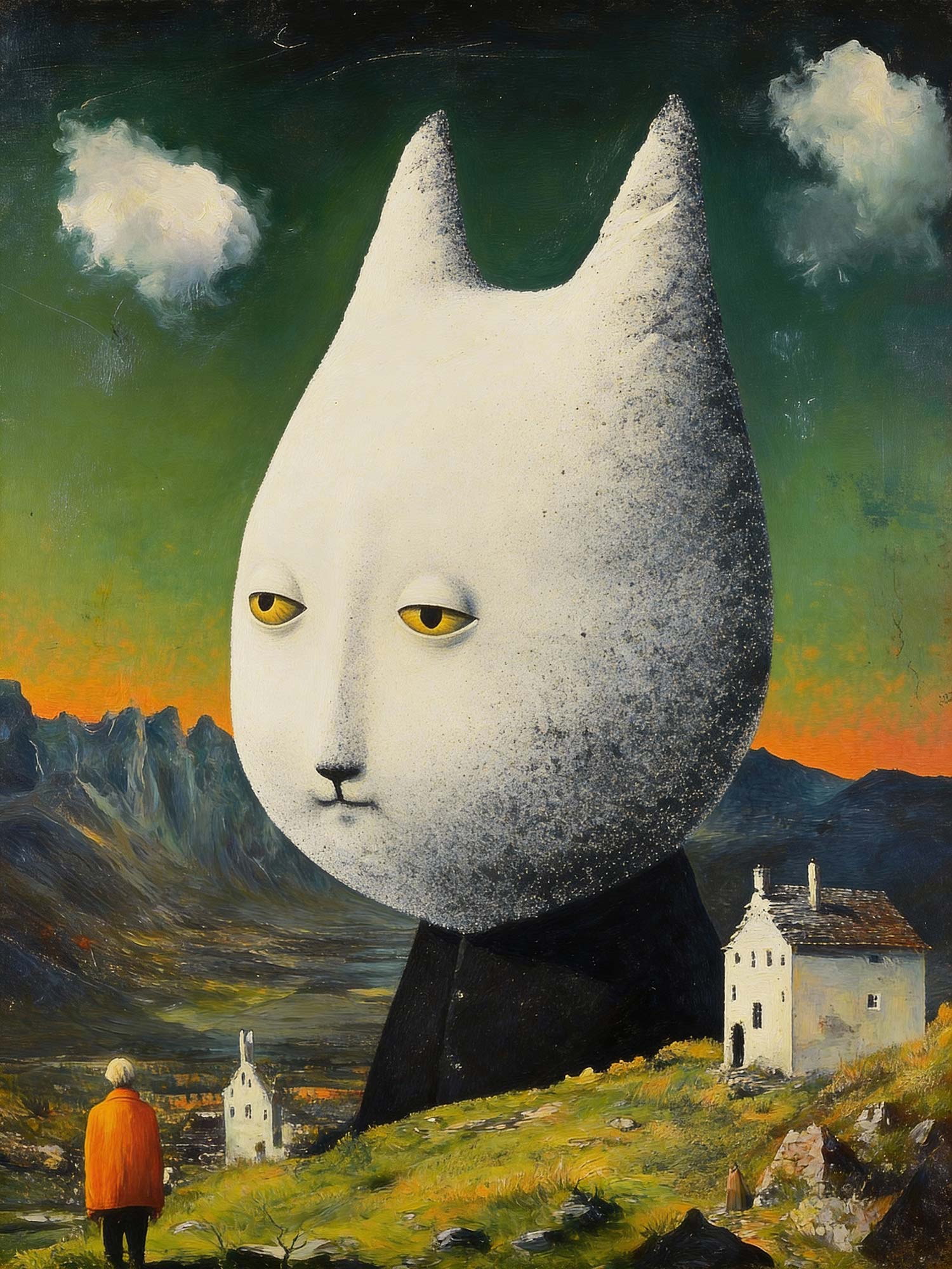 A giant white cat spirit watches over a twilight valley, a small traveler in orange below