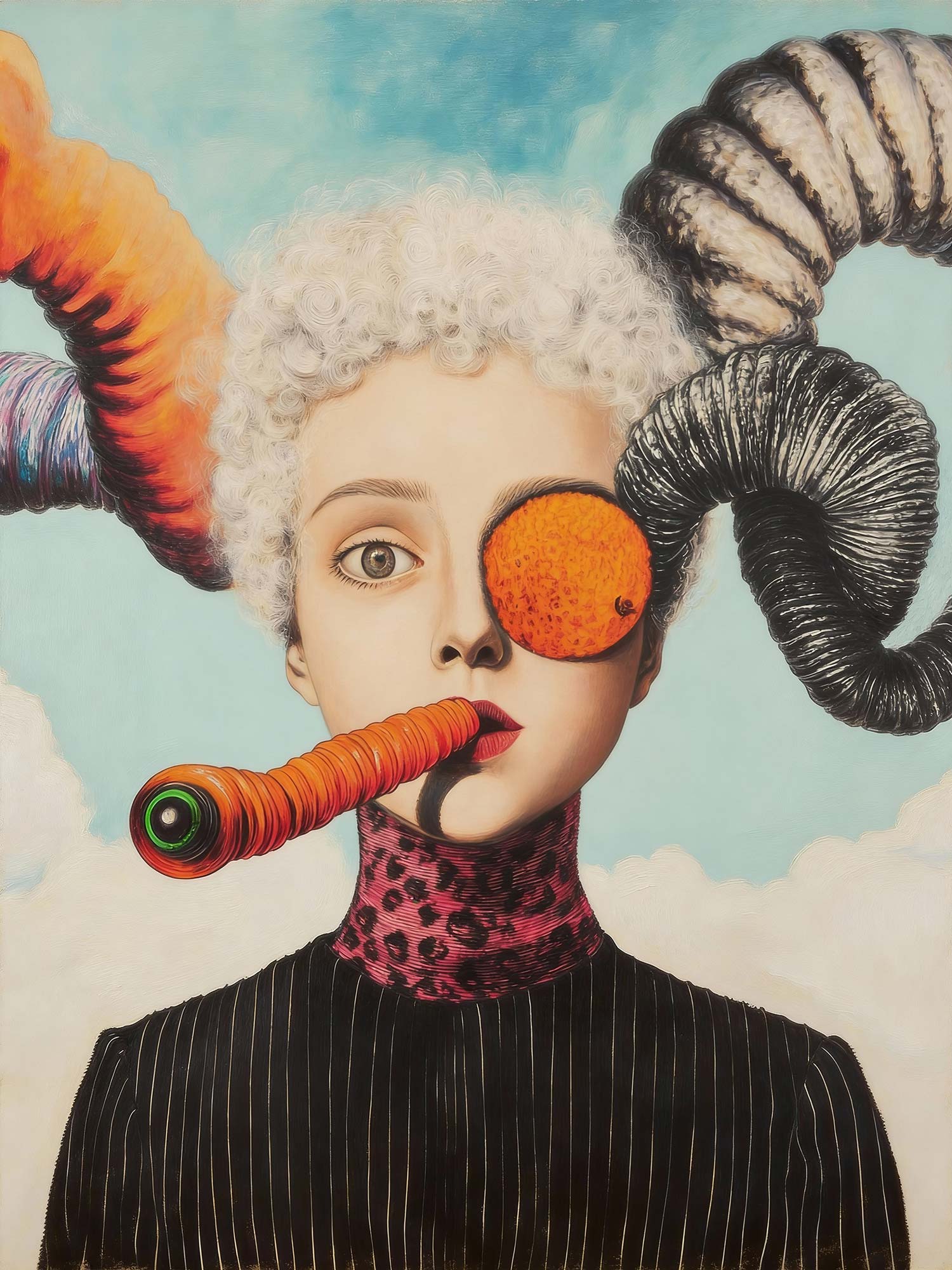 A surreal oracle face with white curls, an orange sphere for one eye, strange tubular horns