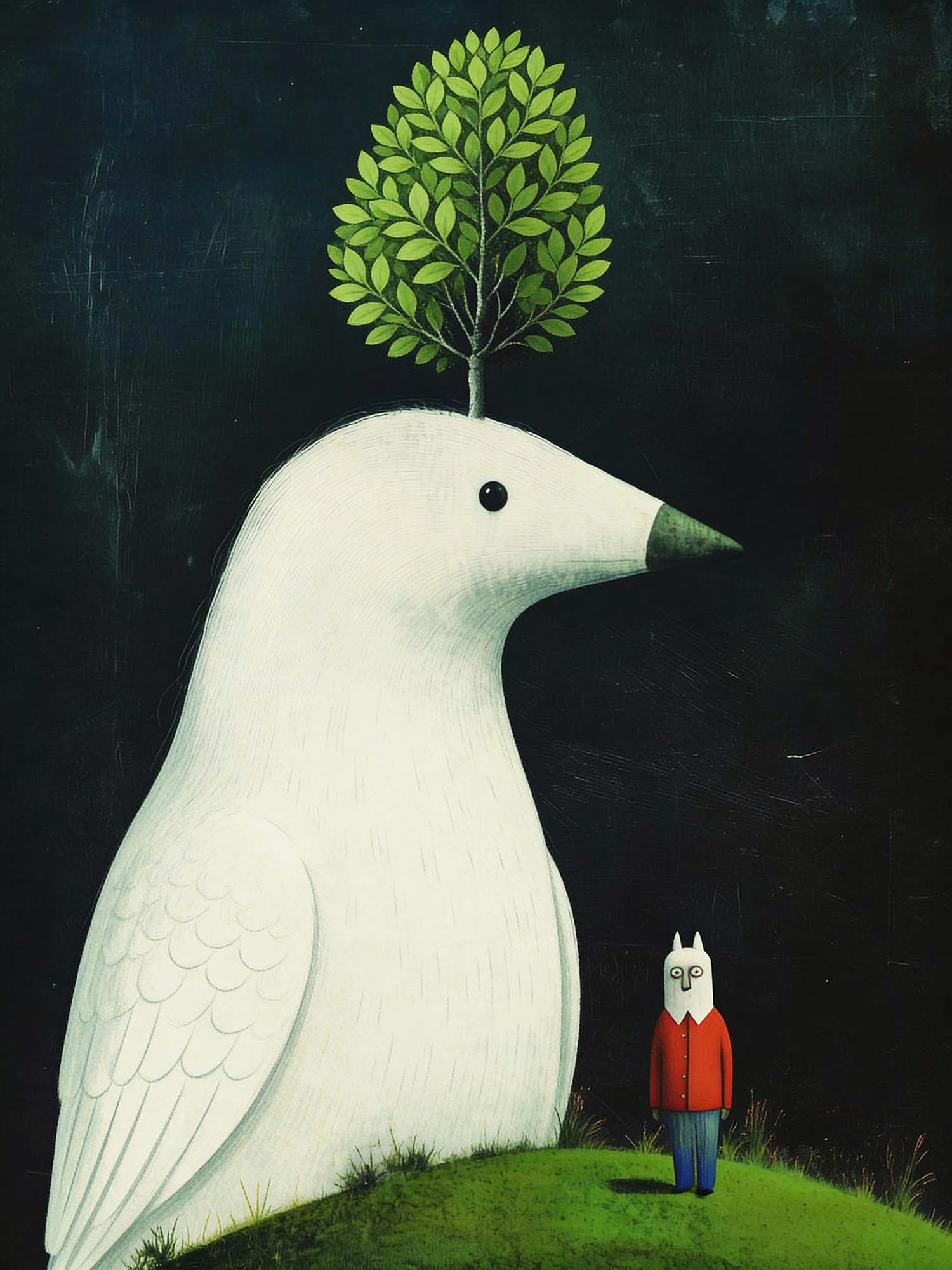 A giant white bird with a small tree growing from its head, a small red-coated figure beside it