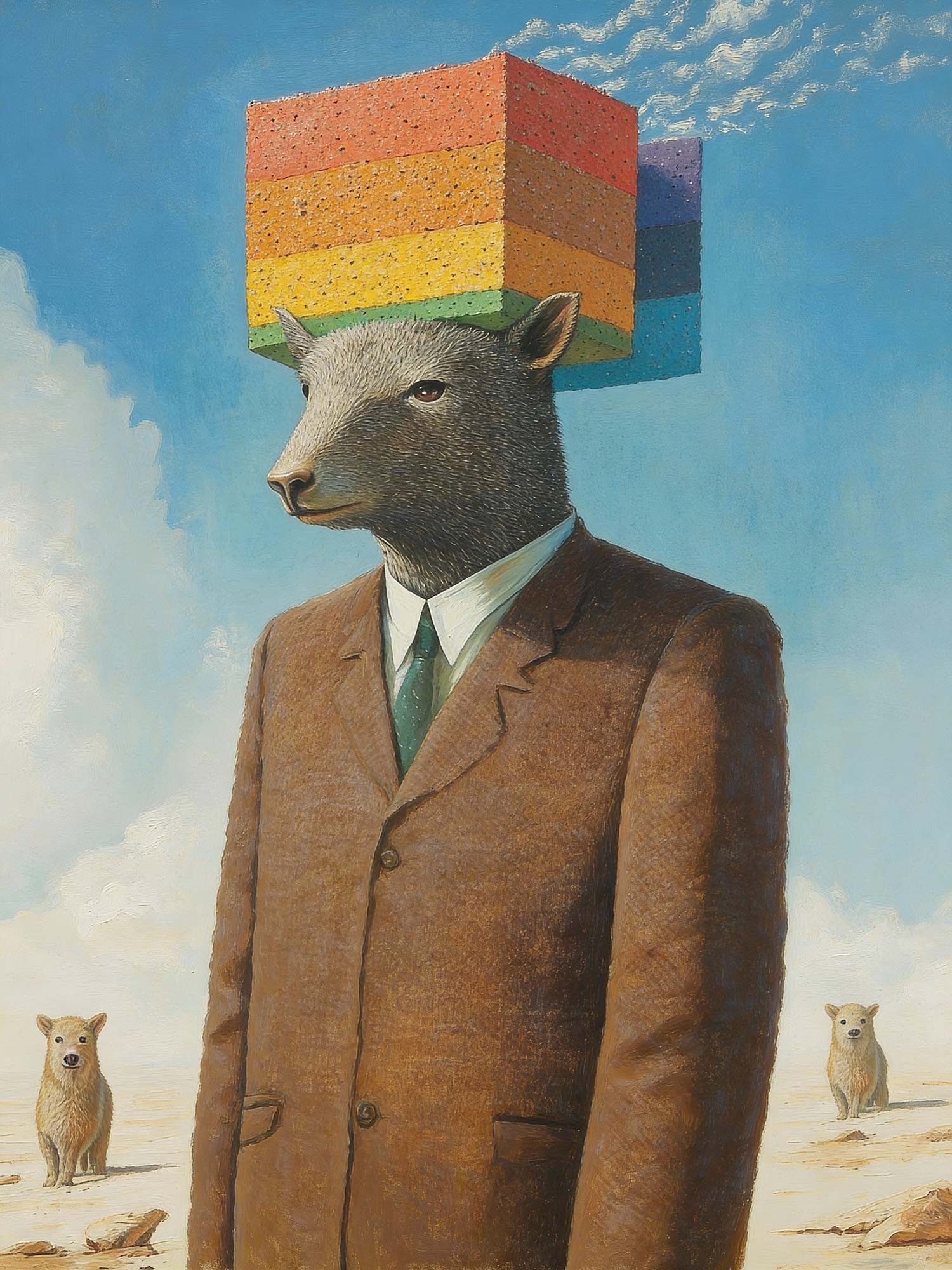 A suited wombat-headed figure with a rainbow cube balanced above its head, small animals in a desert