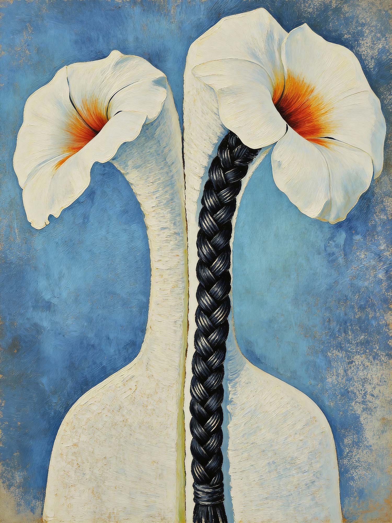 Two white trumpet flowers joined by a long black braid against a textured blue background