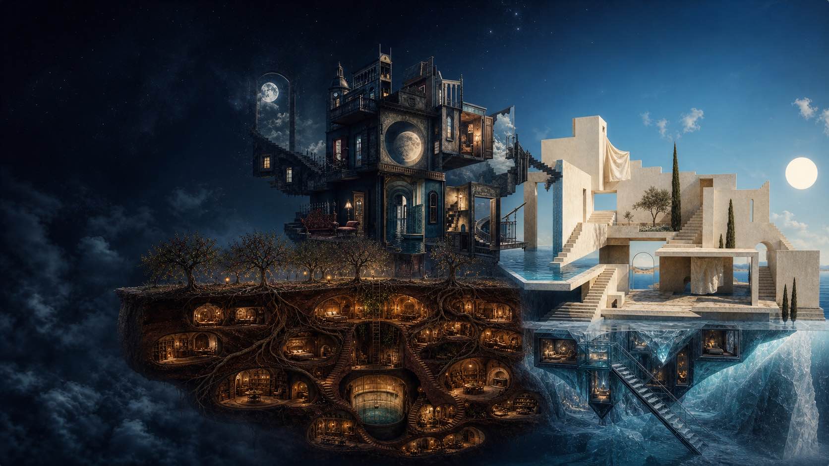 Four impossible dream houses merging across moonlight, orchard earth, endless noon, and frozen ice