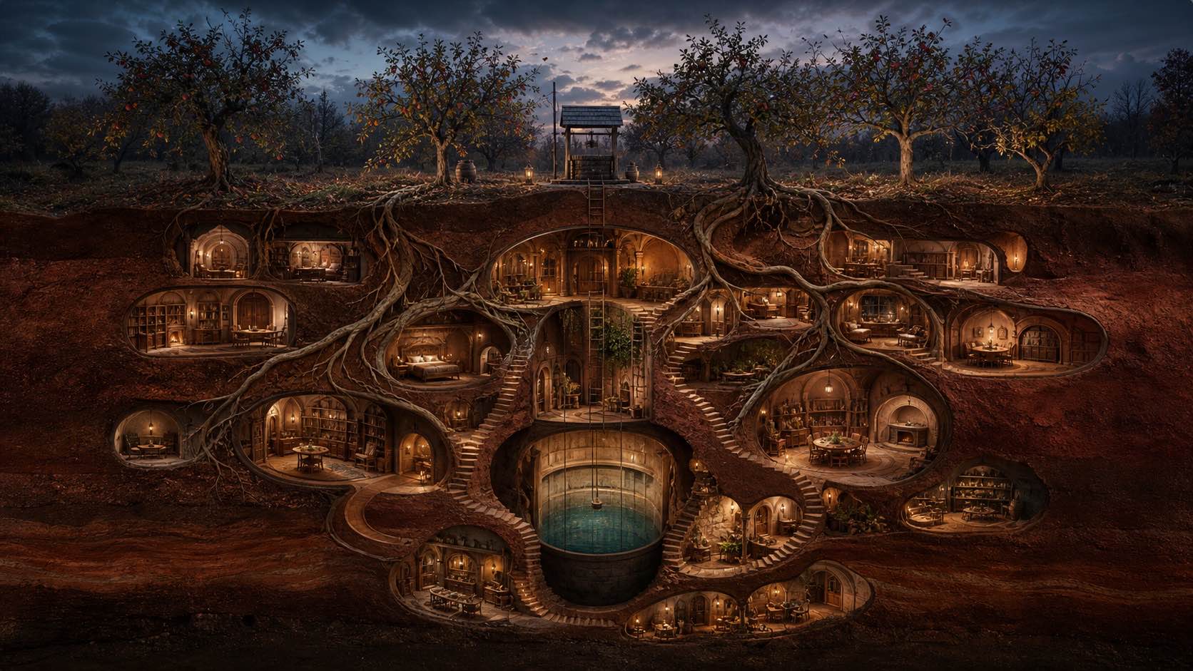 A vast dream house excavated beneath an old apple orchard
