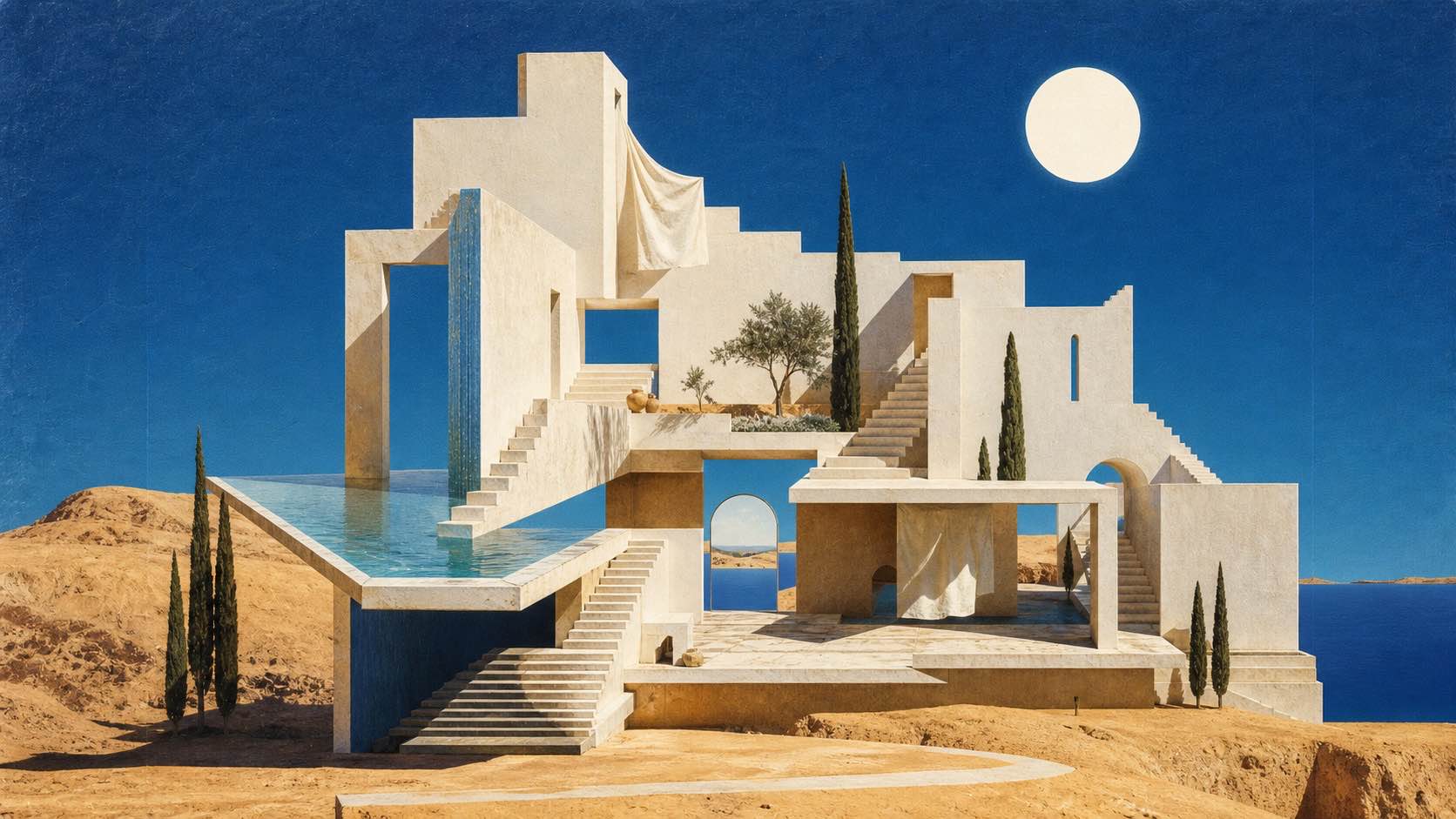 A sun-bleached impossible villa surrounded by desert and cobalt sea