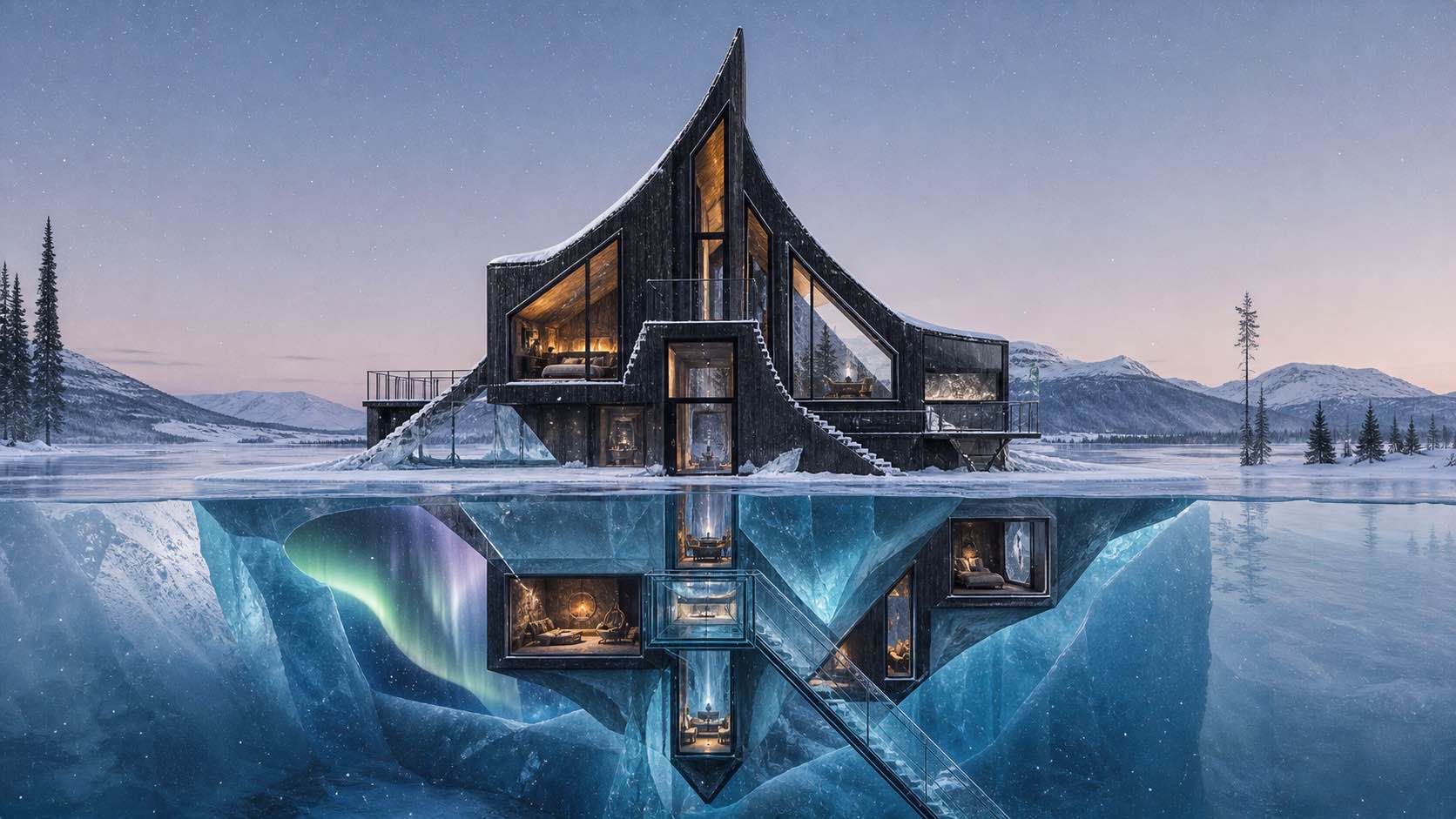 A black-timber dream house mirrored beneath the ice of a frozen lake
