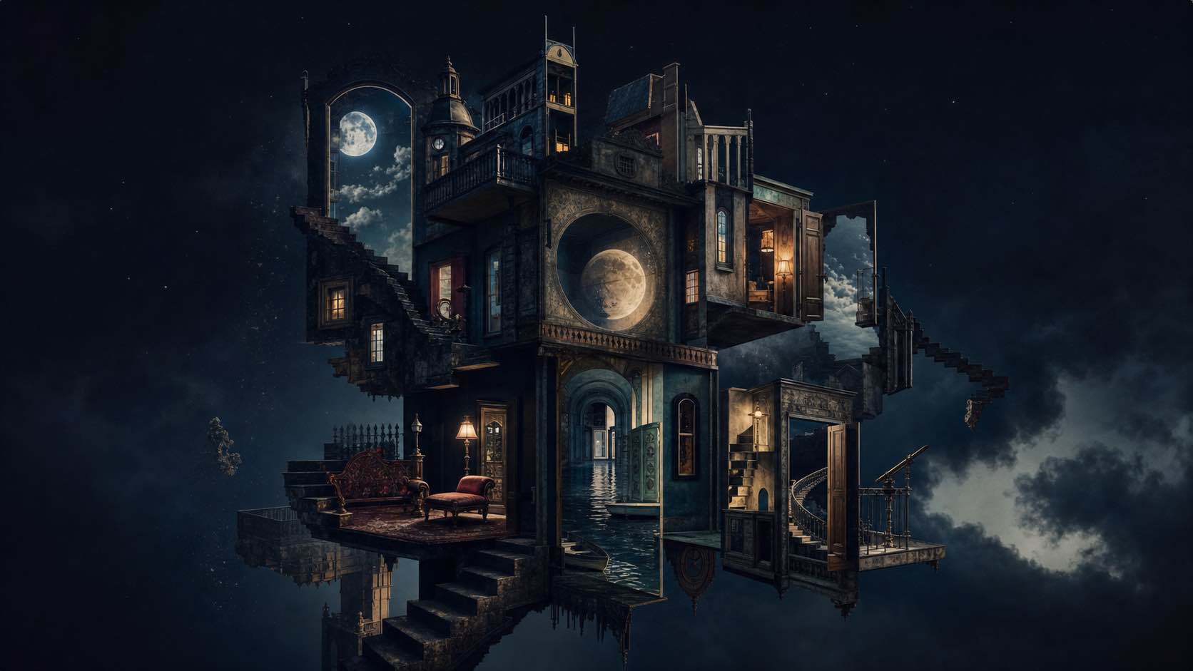 An impossible house floating in a moonlit sky