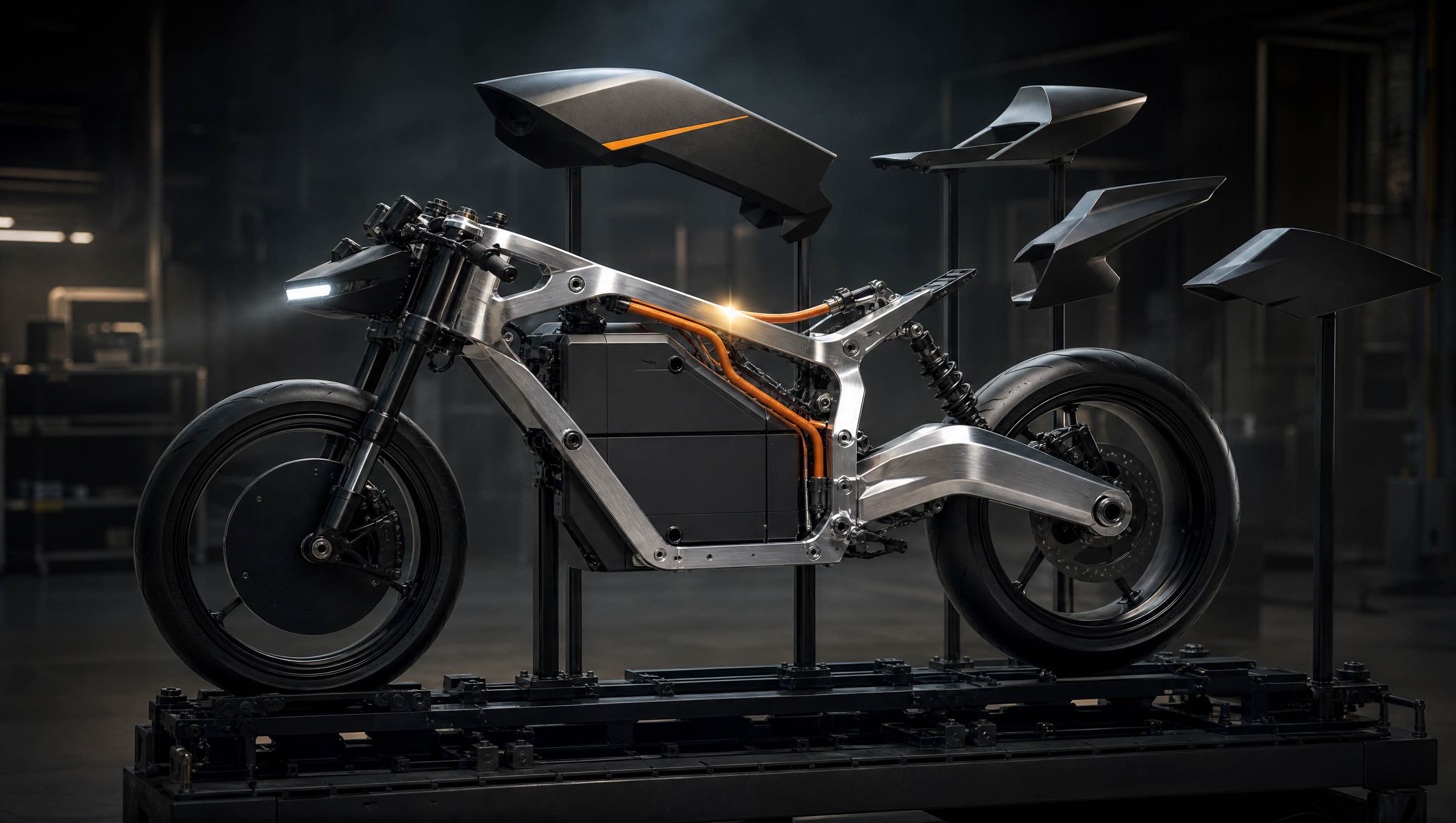 NOVA-1 prototype frame, battery and suspension on an assembly rig