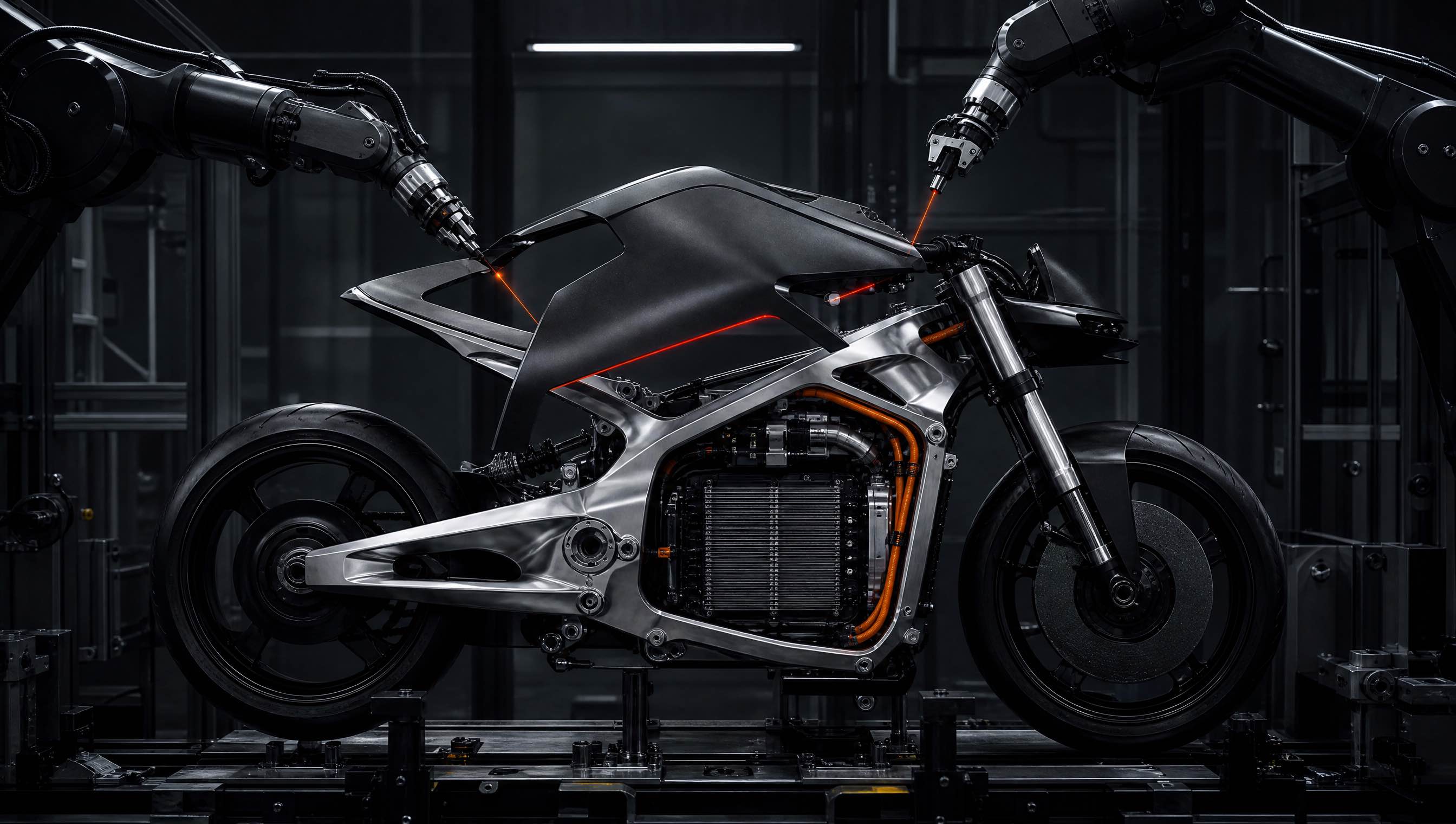 Robotic arms fitting graphite body panels to the incomplete NOVA-1 motorcycle