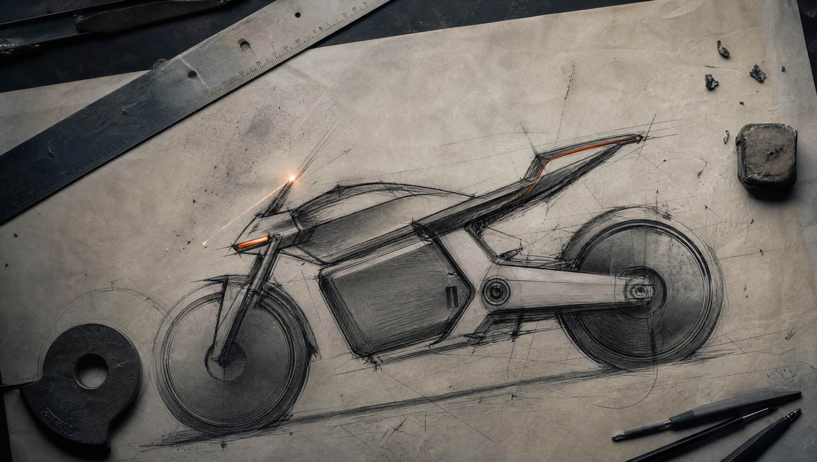 Pencil sketch of the NOVA-1 motorcycle on an industrial designer's desk