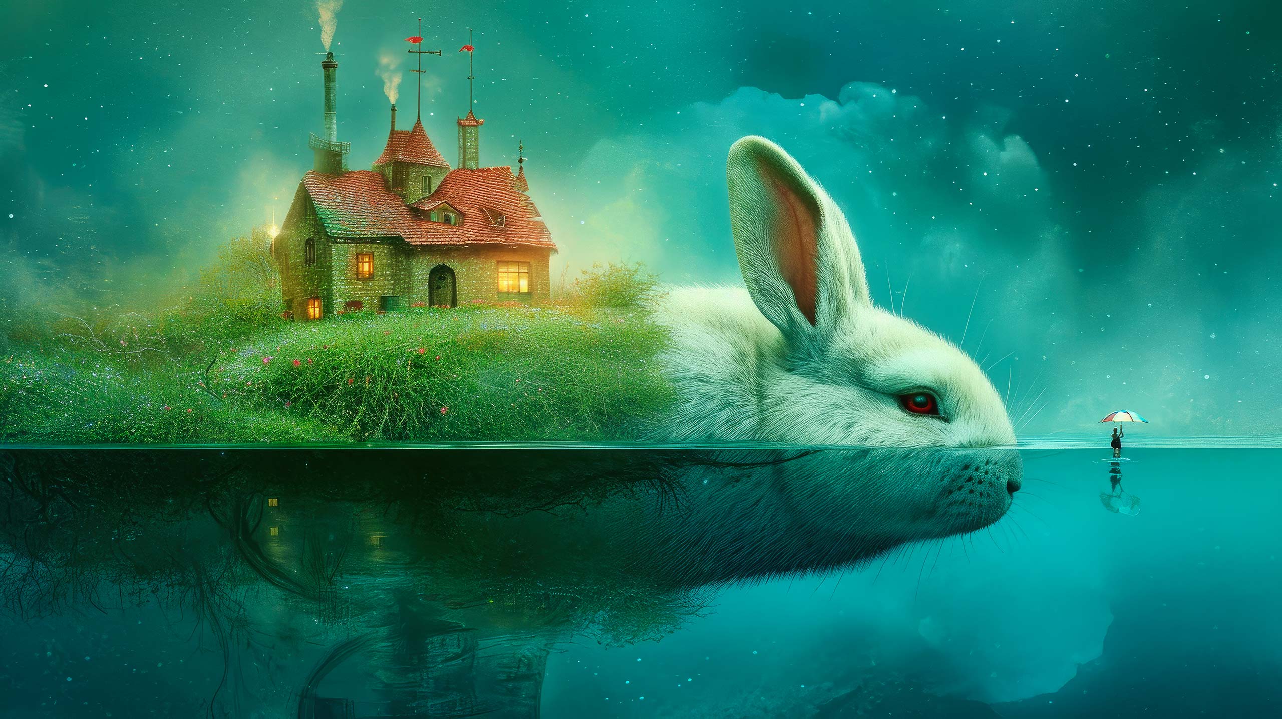 A colossal white rabbit beneath a starry turquoise sky, with a small house on its back