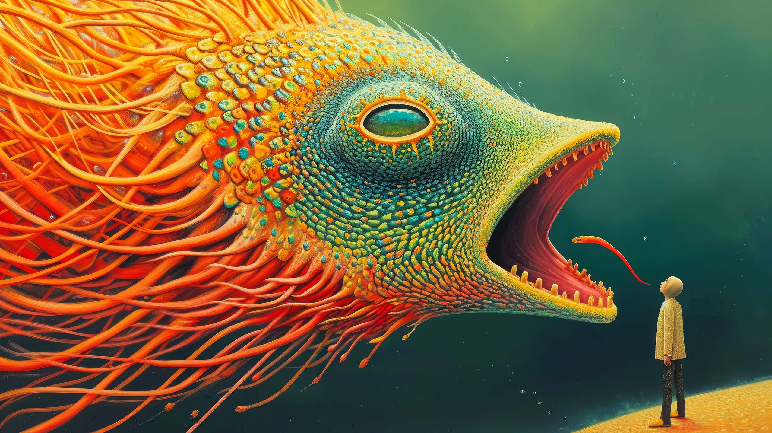 A person facing a vast colorful creature in a dark space