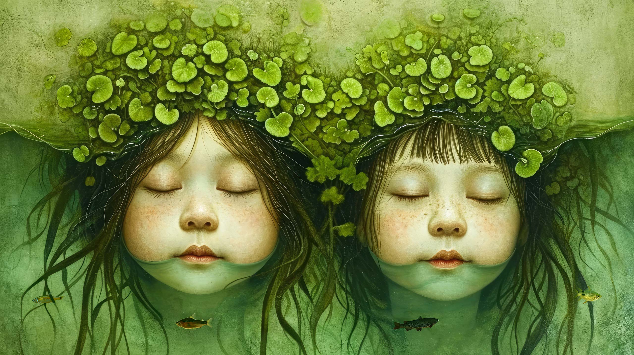 Two sleeping faces submerged beneath water plants