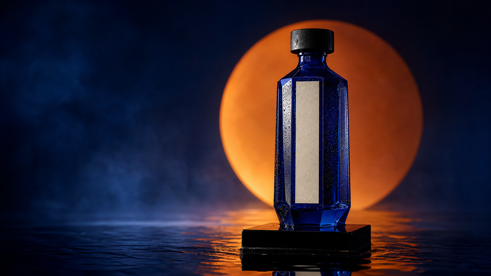 Cobalt MIRRA bottle against a glowing amber circle