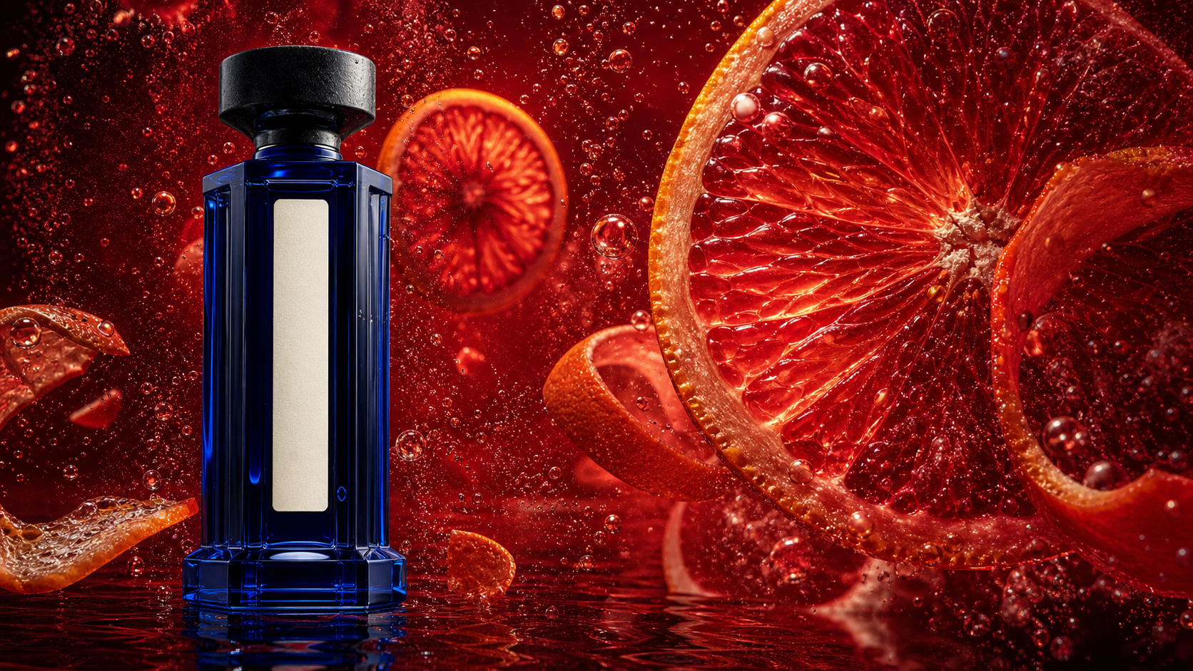 Cobalt MIRRA bottle surrounded by blood orange and suspended droplets