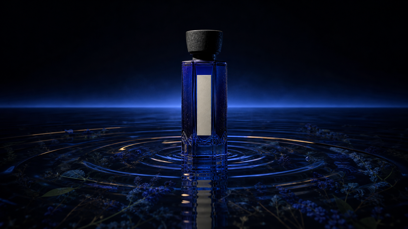 Cobalt MIRRA bottle standing in concentric midnight-blue water ripples
