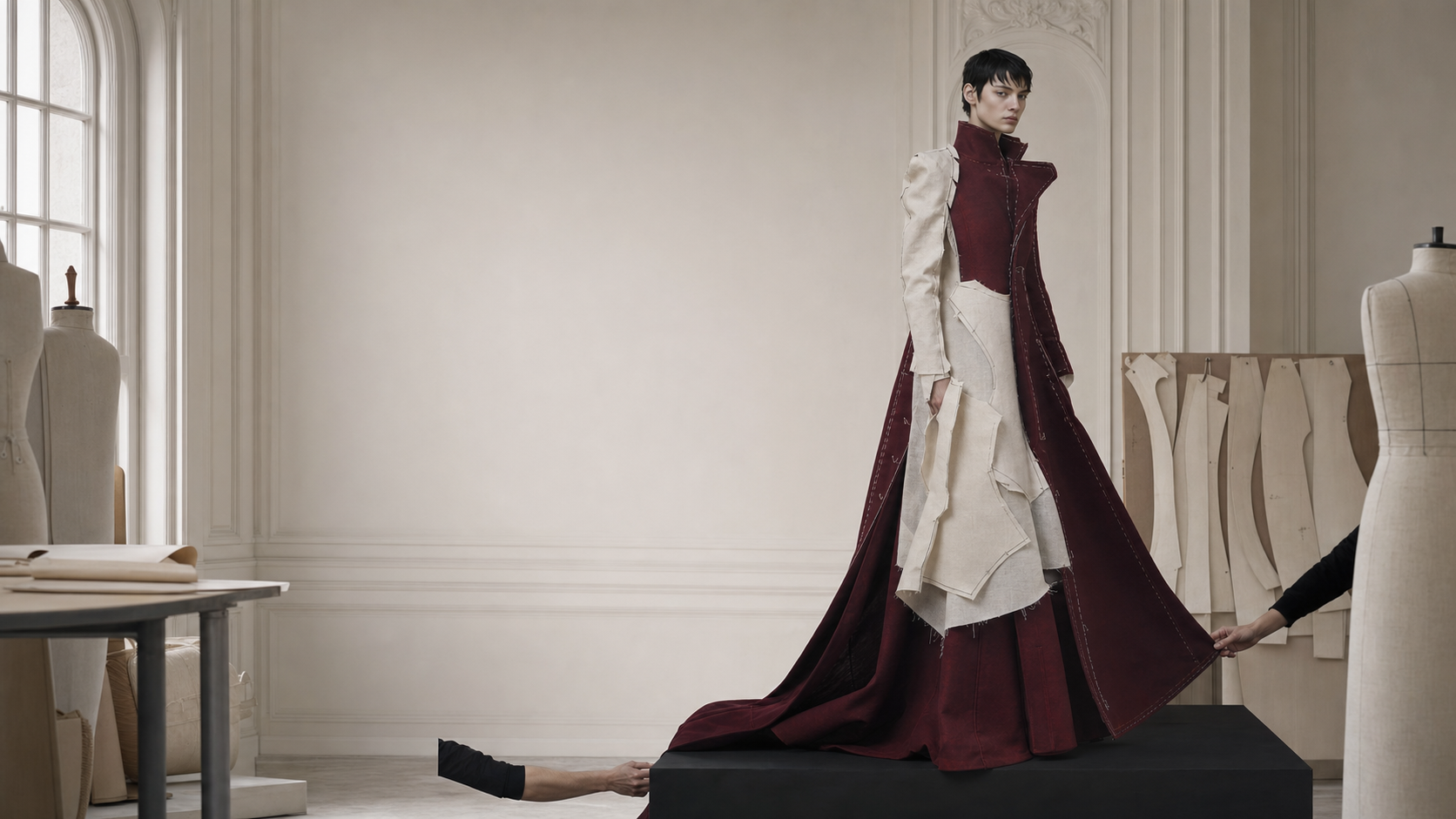 ORISON model in a half-constructed oxblood and ivory couture fitting