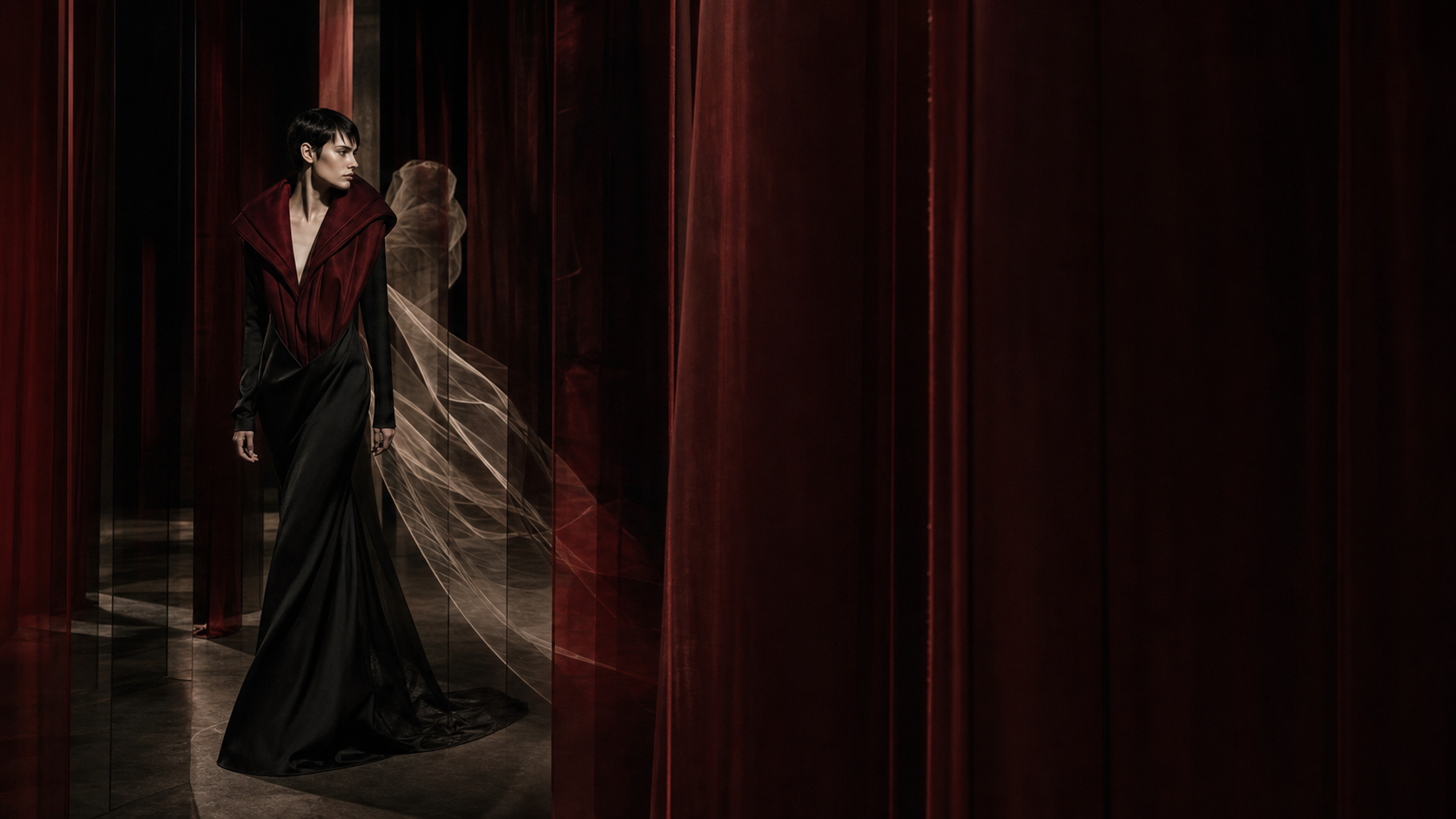 ORISON Look 07, a black and oxblood column gown moving through translucent panels
