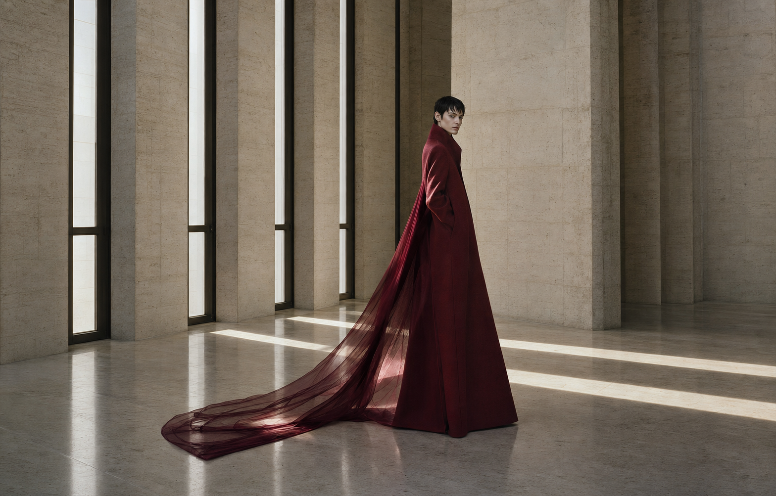 Model wearing an architectural oxblood coat in a limestone gallery