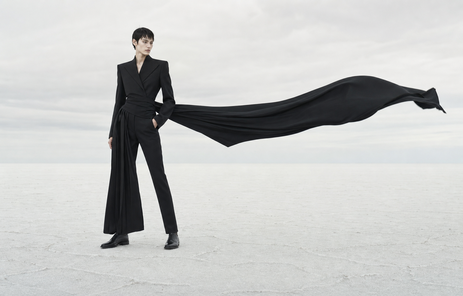 Model wearing black asymmetric tailoring on a pale salt plain