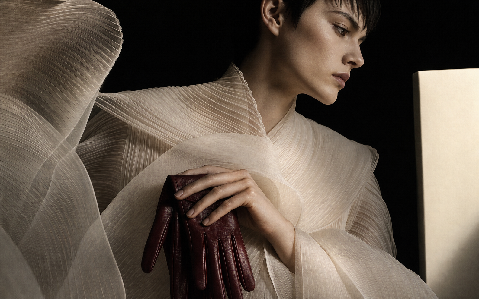 Close view of an ivory pleated garment and oxblood leather glove