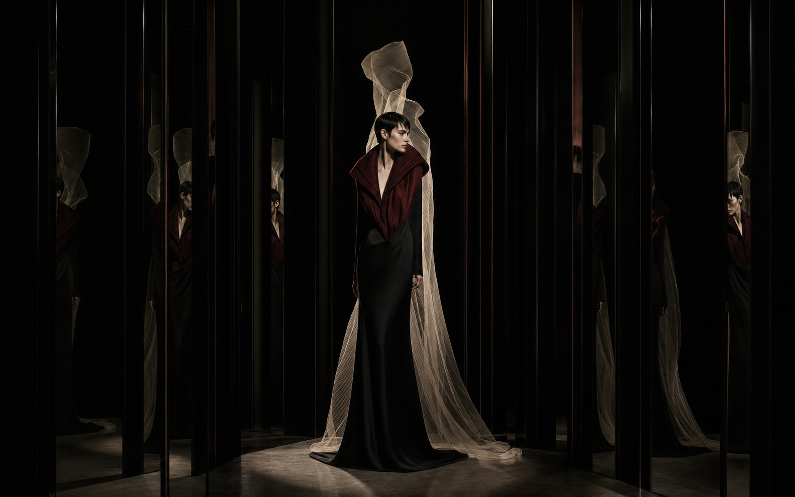 Model wearing the final black, oxblood and ivory look in a mirrored chamber