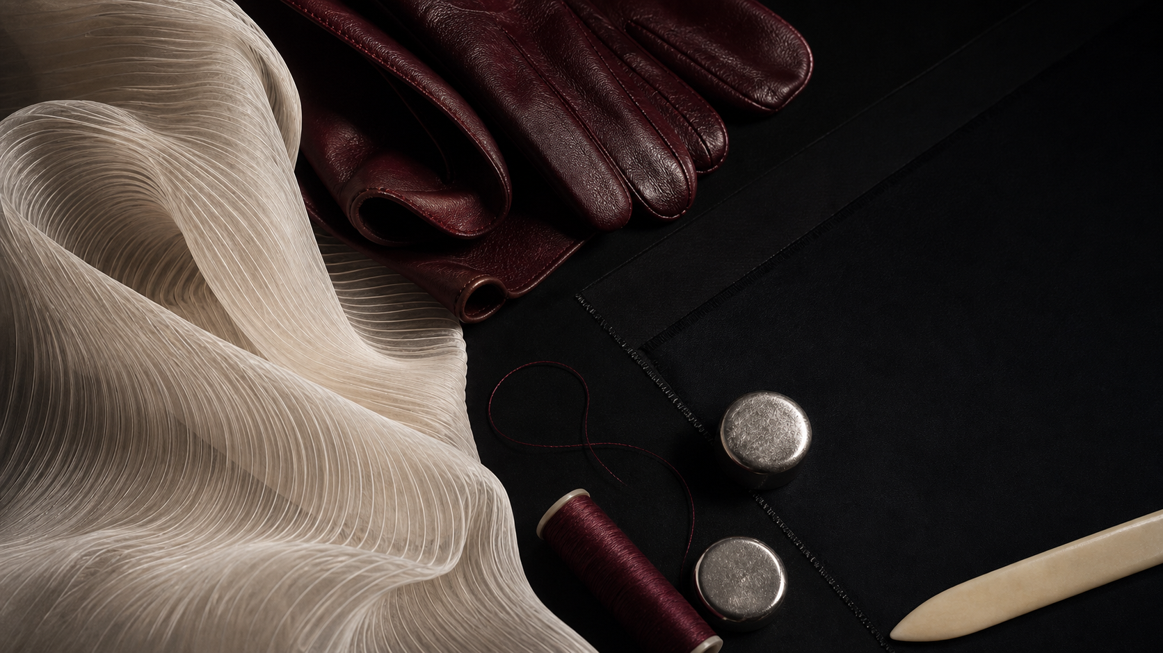 Ivory organza, oxblood leather and black grain silk arranged with atelier tools