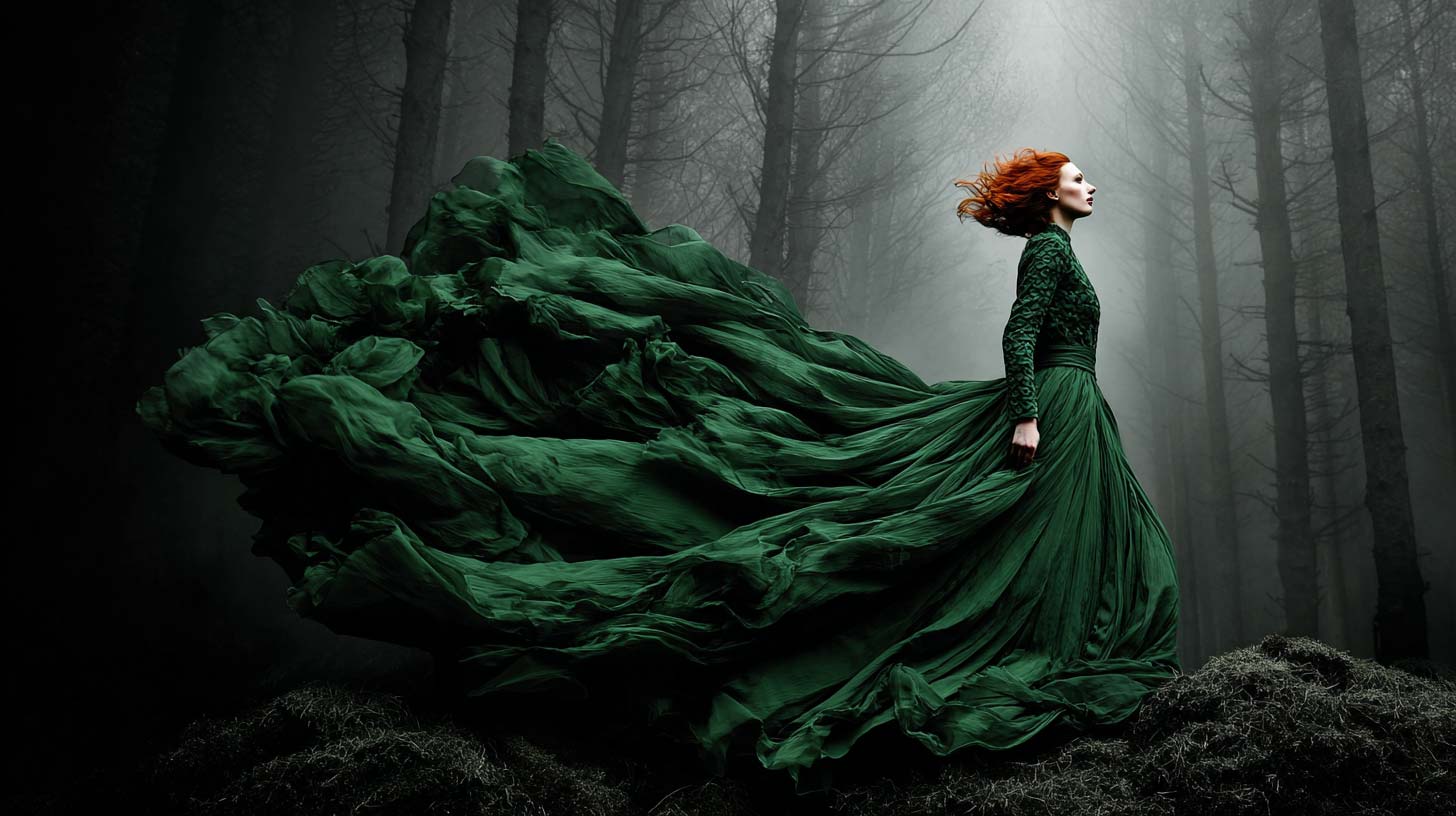 Emerald silk gown in dark forest