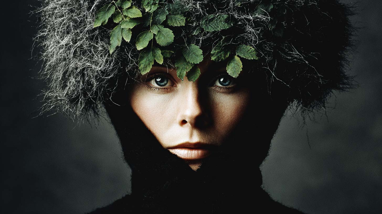 Dark fur hat woven with living leaves